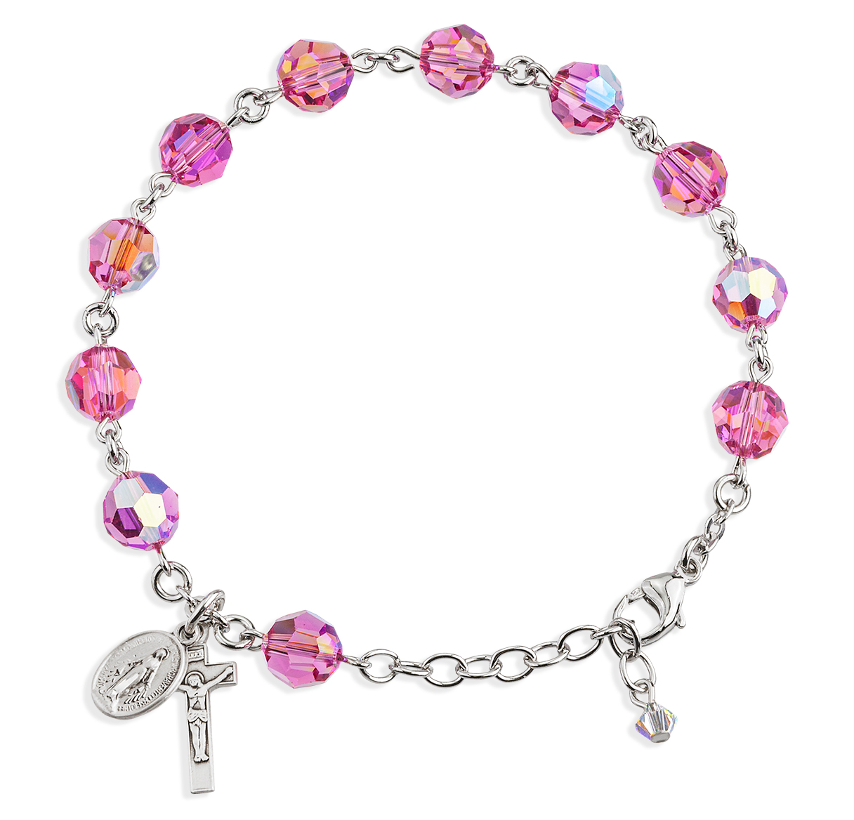 Finest Austrian Crystal Pink Round Sterling Silver Rosary Bracelet 8mm -  Made with Swarovski Crystal Beads - Bracelets